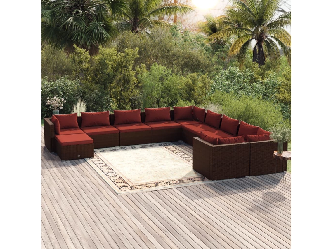 Vidaxl 11 Pcs Conjunto Lounge Jardim C/ Almofadões Vime Pe Castanho