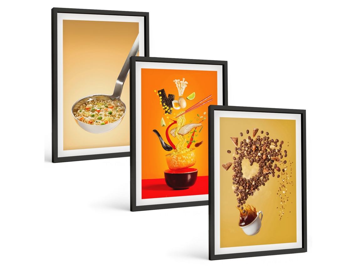 Composição De Quadros Cozinha Com Comida Motivos Moldura Preta Pinturas De Quarto Espelharte (3 Piezas De 40x60 Cm)