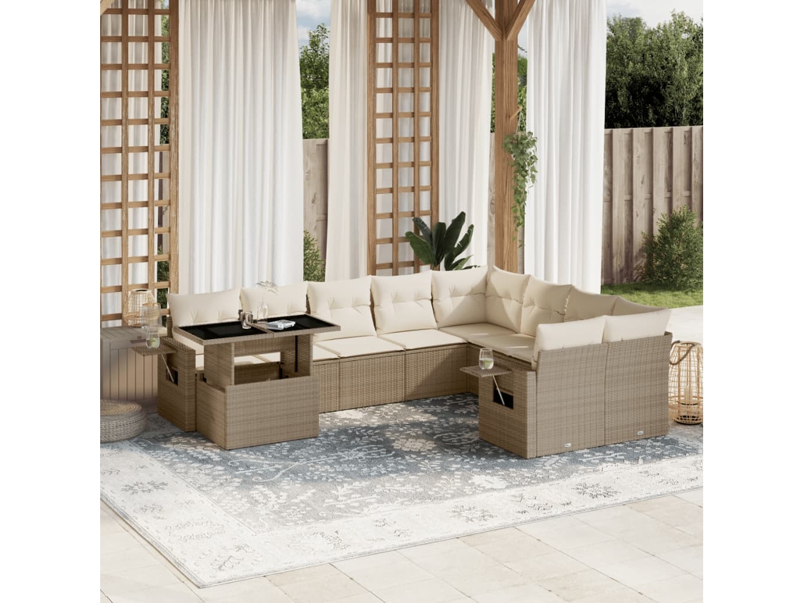 Vidaxl 10 Pcs Conjunto De Sofás P/ Jardim Com Almofadões Vime Pe Bege