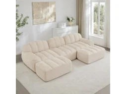 Sofá Modular Em U De 3 Lugares Com 2 Pufes, Sem Ossos, Espuma 32d De Alta Densidade, Assento Profundo, Ideal Para Sala, Tecido Macio, Bege E Branco.