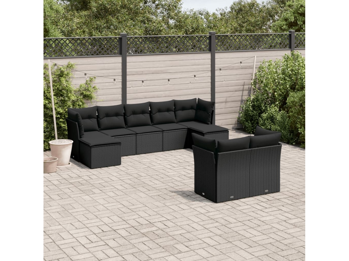 Vidaxl 9 Pcs Conjunto De Sofás P/ Jardim C/ Almofadões Vime Pe Preto