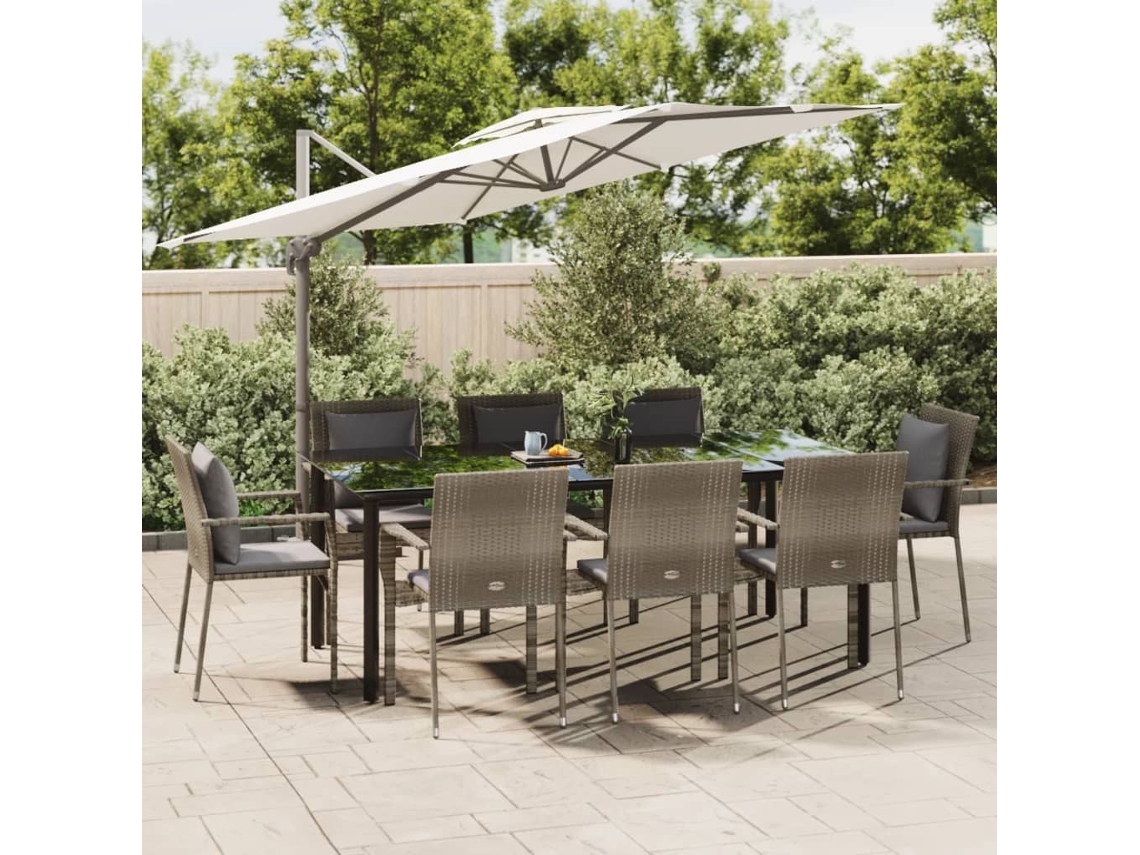 Vidaxl 9 Pcs Conjunto Jantar Jardim C/ Almofadões Vime Pe Preto/cinza