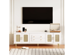 Móvel para TV em Branco e Madeira Natural 160x39x49,5 cm, 3 Portas Ranhuradas, Borda Elevada, Pés Madeira KOMHTOM