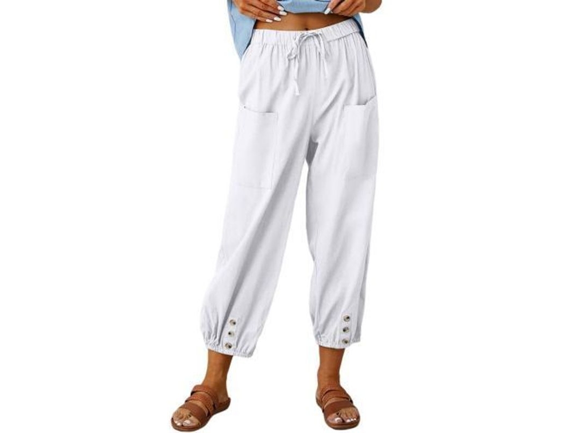 2026 pantalones Lantern Harem Mujer Verano Sueltos Lino Con Bolsillos Pantalones Anchos Algodón Tallas S XXL S Blanco