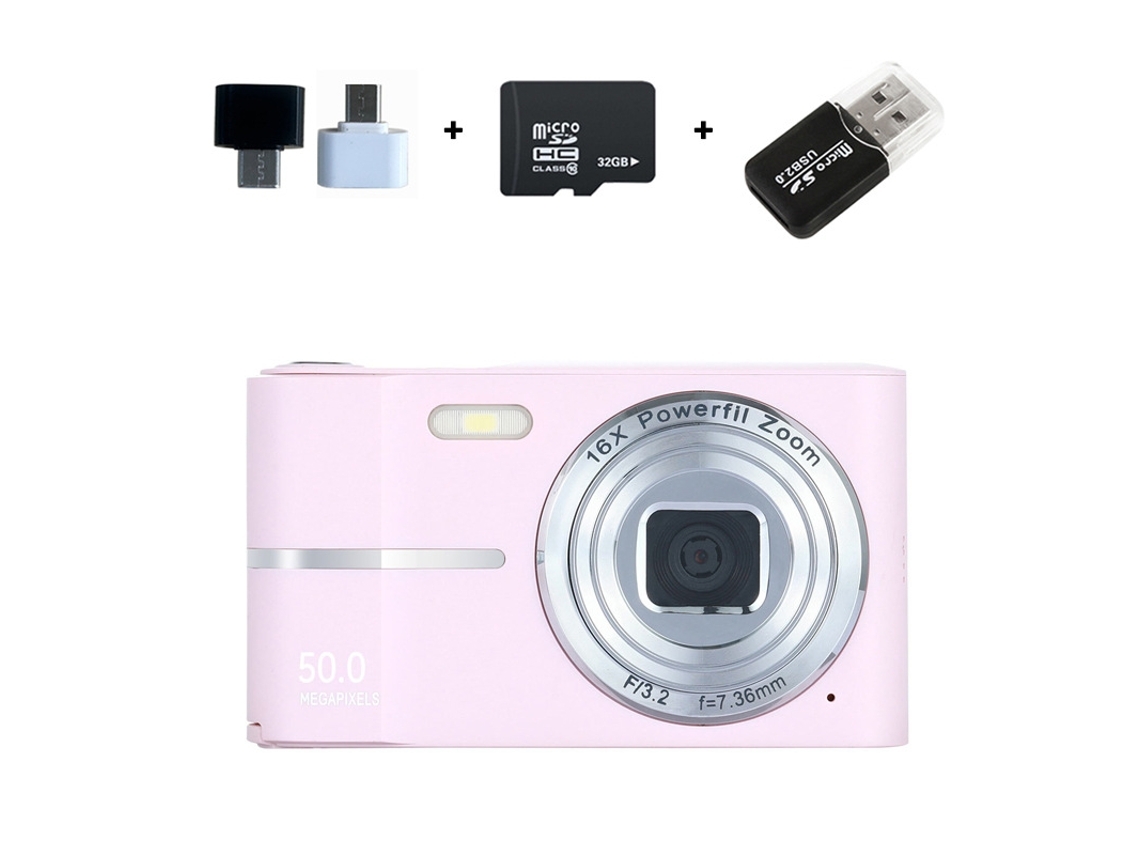 Câmara Digital 4K M03 Tela LCD de 2,4 Polegadas Zoom 16x Mini Câmara Compacta com Cartão de Memória 32g Rosa GERTIZ (Outlet Grade A)