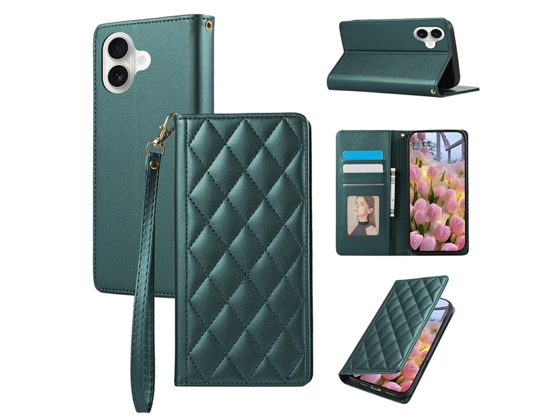 Capa Carteira Para Iphone 17 Com Proteção Rfid Em Couro Com Padrão Losango - Verde