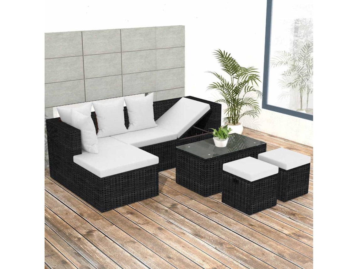Vidaxl 4 Pcs Conjunto Lounge De Jardim C/ Almofadões Vime Pe Preto