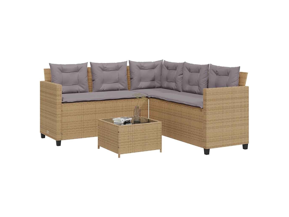 Vidaxl Sofá De Jardim Forma De L C/ Mesa E Almofadões Vime Pe Bege