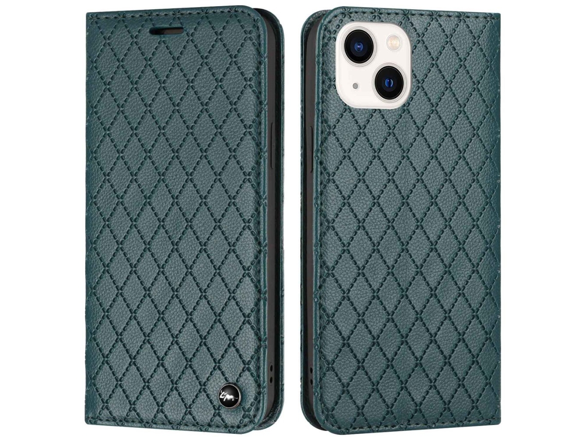 Capa Queda Textura Lichia Bloqueio Rfid Para Iphone 13 Pele Sintética Verde