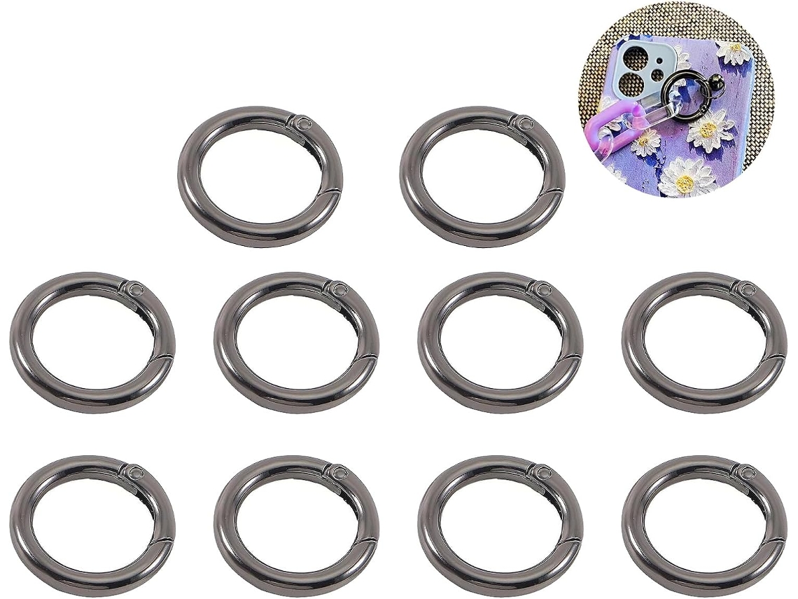 Mini mosquetão redondo, pacote com 10 unidades, com anel de metal de 19 mm.