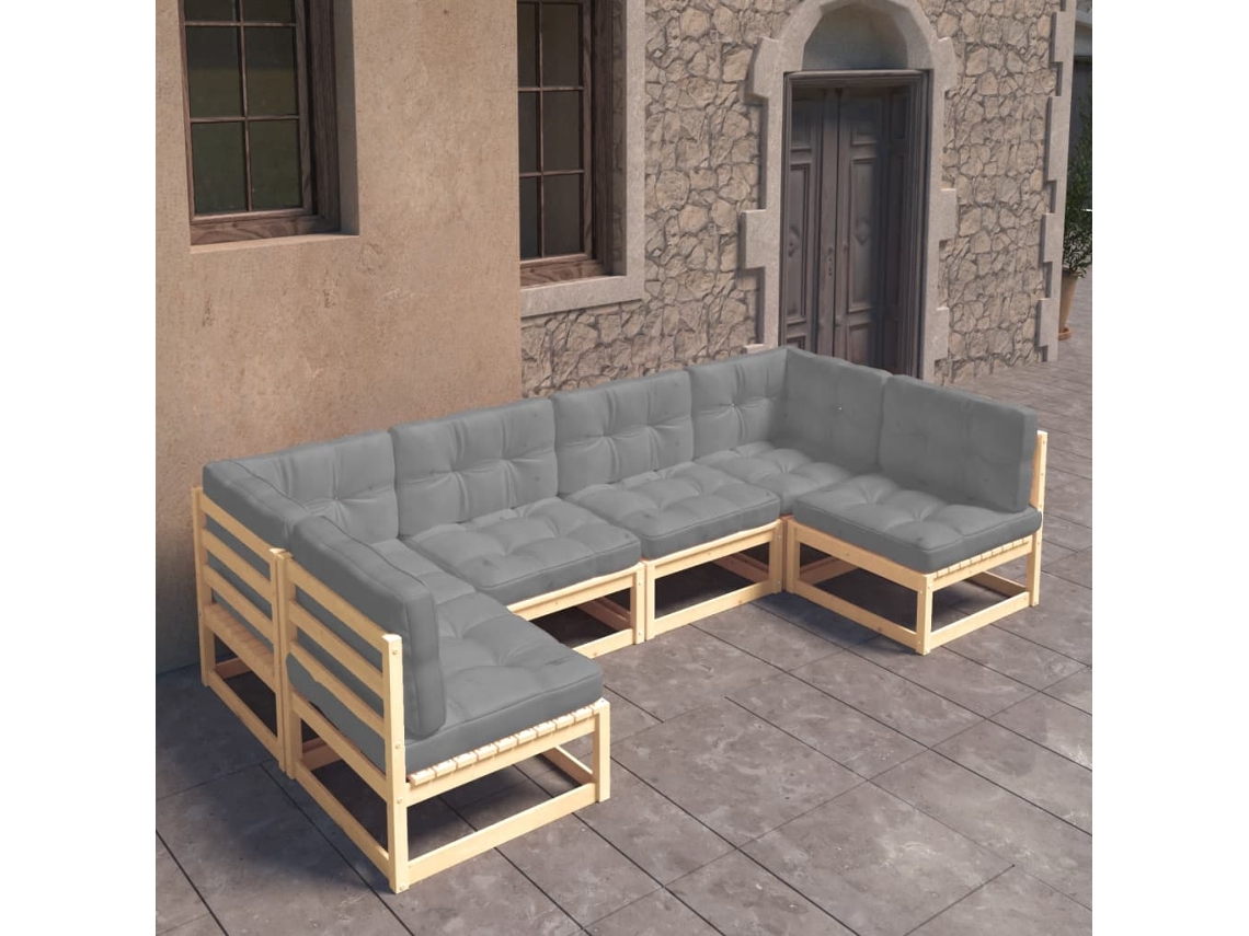 Vidaxl 6 Pcs Conjunto Lounge De Jardim C/ Almofadões Pinho Maciço