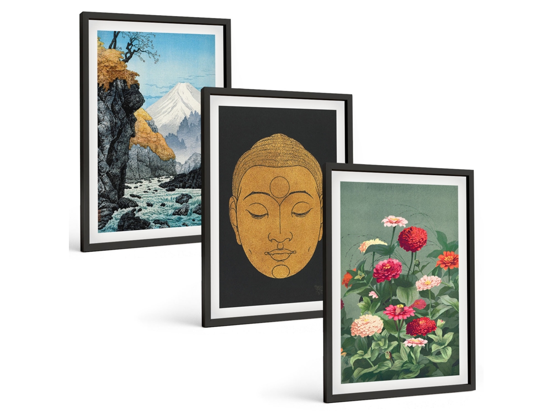 Pinturas Murais Modernas Natureza Japonesa, Cultura, Japandi Moldura Preta Quadros Para A Sala De Estar Espelharte (3 Piezas De 40x60 Cm)