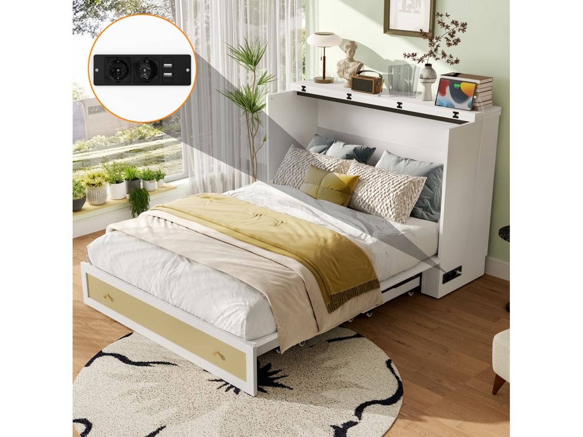 Cama De Gaveta 140x200 Branca Com Armário, Usb, Tomada E Prateleira