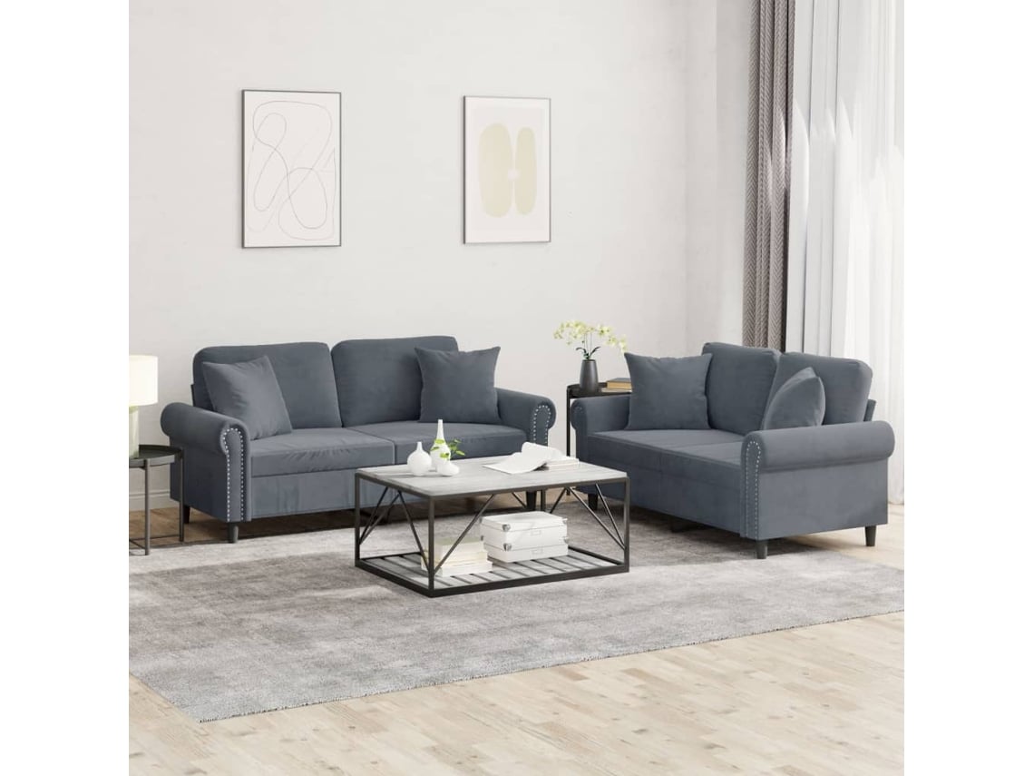 Conjunto 2 Pcs de Sofás com Almofadas Veludo Cinzento-Escuro PANGSHIYUAN
