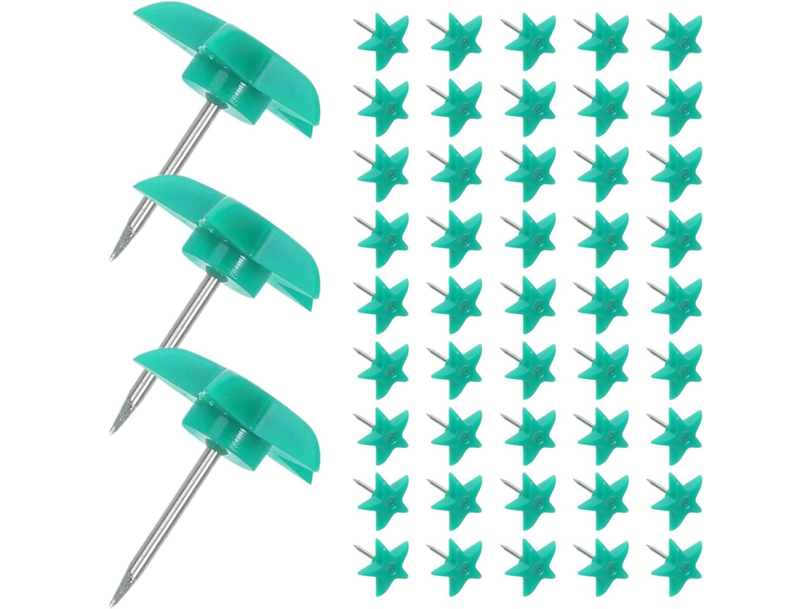 Tachinhas Healvian Verdes Em Formato De Estrela Cinco Pontas Para Quadros Cortiça E Mapas, 50 Unidades, Plástico E Metal