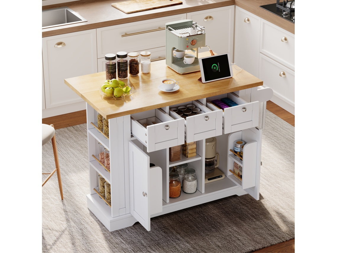 Mesa Cozinha Móvel 132cm, Country, Bancada Dobrável, Gaveta, Suportes, 5 Rodas, Tomada.-lb