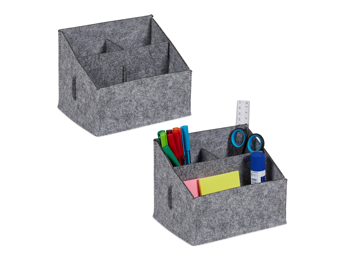 Organizador De Secretária Relaxdays, Feltro, 2 Unidades, 3 Compartimentos, 14 X 18 X 14,5 Cm, Cinza