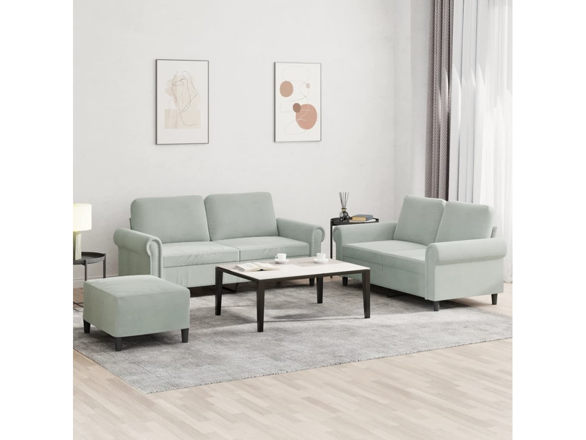 Vidaxl 3 Pcs Conjunto De Sofás Com Almofadões Veludo Cinzento-claro