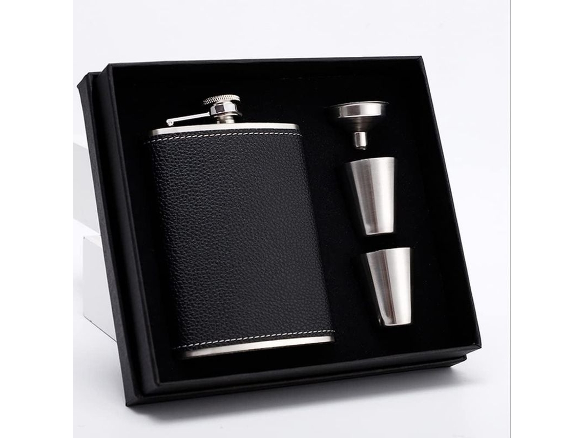 Set Regalo De Cantimplora De Acero Inoxidable 8 Oz Con Funda De Cuero Negro Para Regalos Hombre