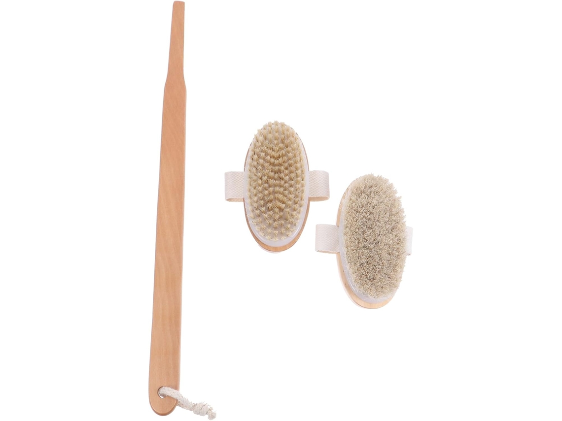 Escova De Banho Corporal Ultechnovo Em Madeira Natural, 2 Peças, Cabo Longo 42x7 Cm, Cerdas De Javali Para Esfoliação No