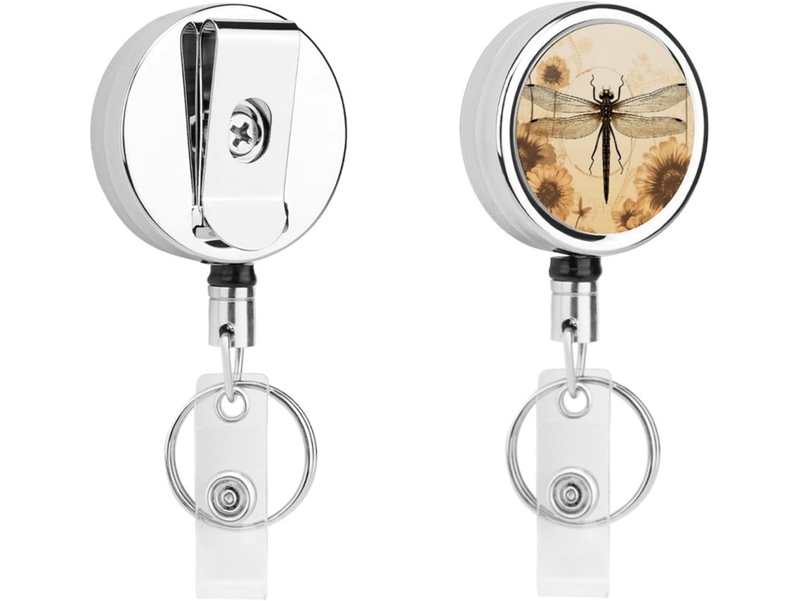 Porta Crachás De Metal Com Design Girassol E Libélula, Retráteis E Com Clipes