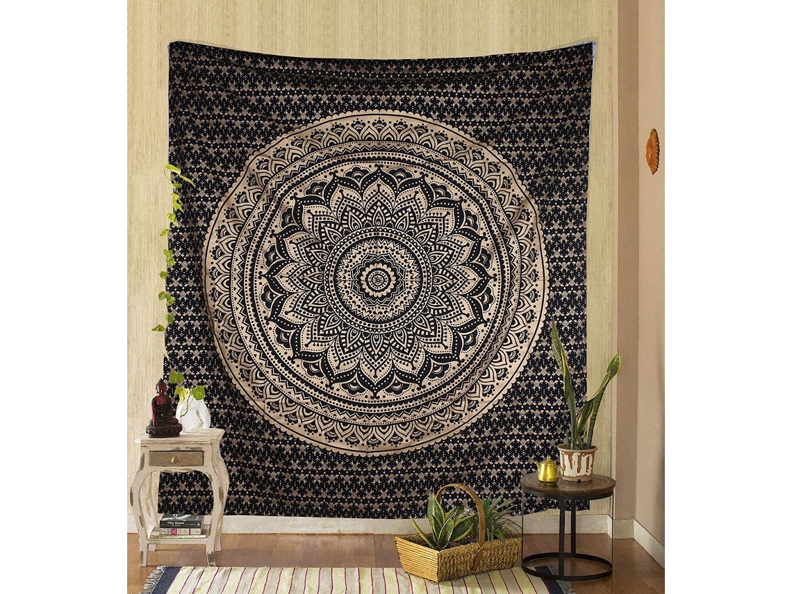 Tapeçaria de Parede, Grande Mandala Hippie Degradê Boêmia em Dourado, para Pendurar na Parede BRILVIBERA