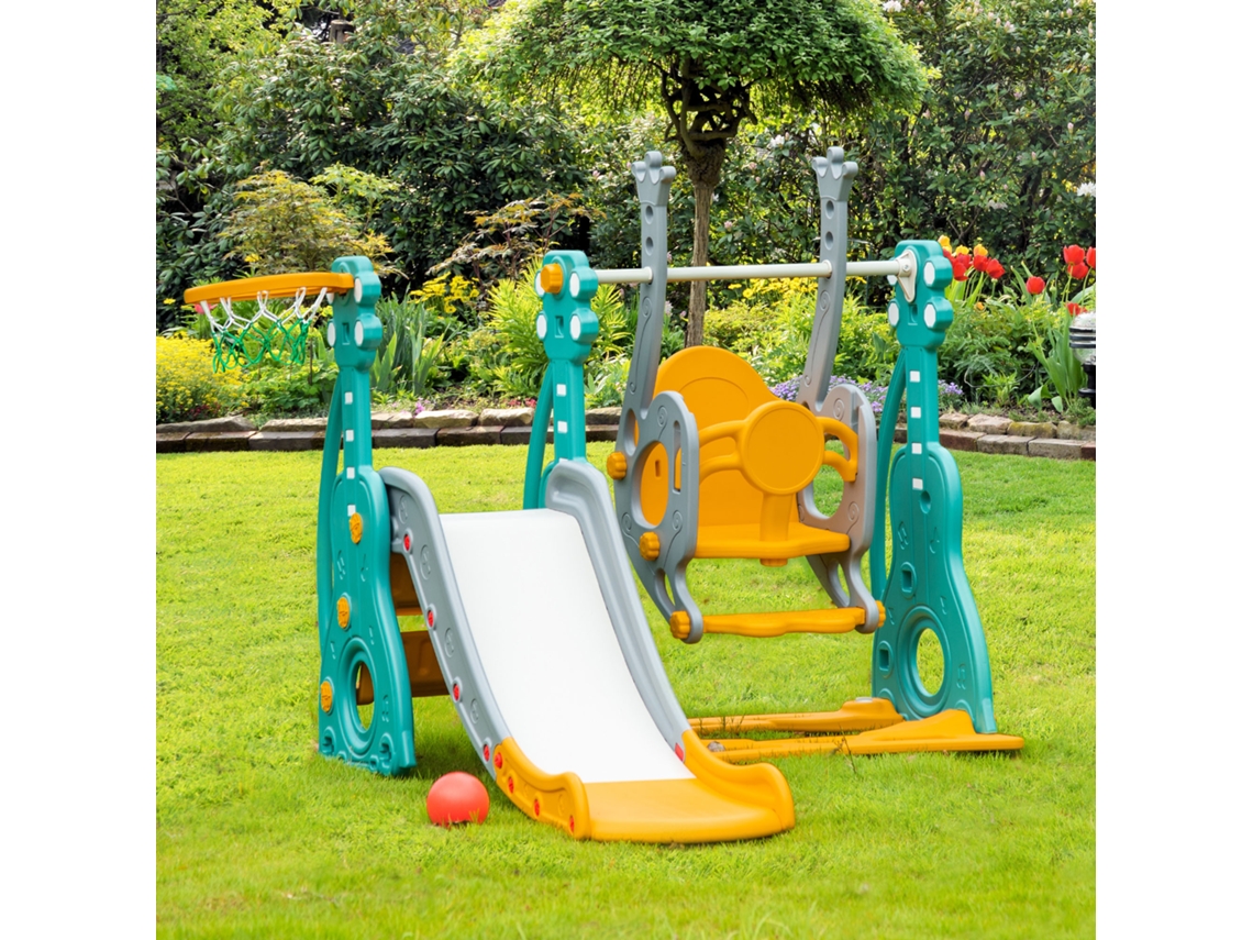 Escorega Infantil 3em1 Para 18 Multicor Com Baloiço Cesta Basquetebol Assento Ajustável 36 Meses 152x149x107cm