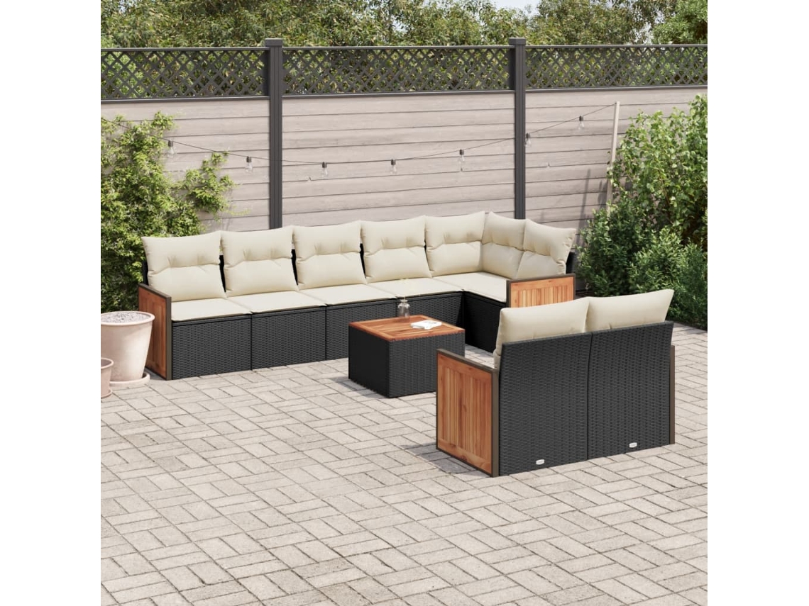Vidaxl 9 Pcs Conjunto De Sofás P/ Jardim C/ Almofadões Vime Pe Preto