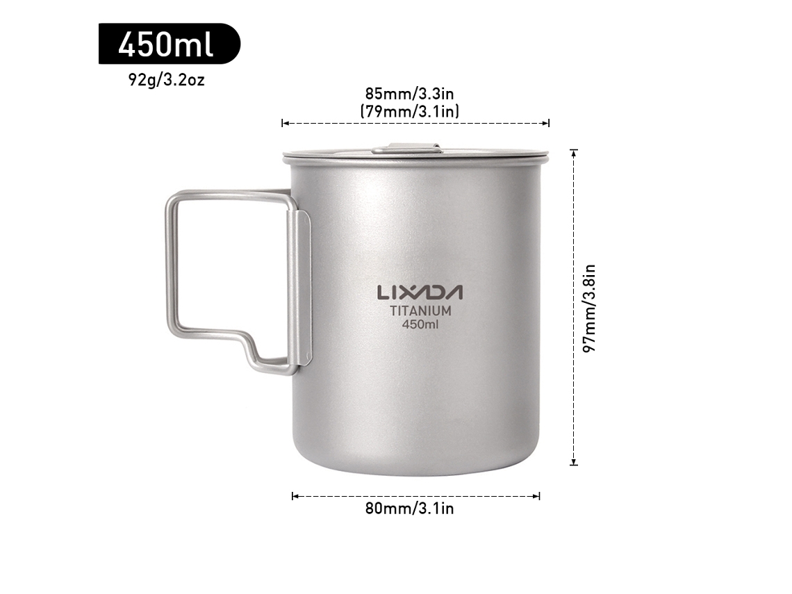Copo de Titânio Leve 450/550ml com Tampa e Alça Plegável