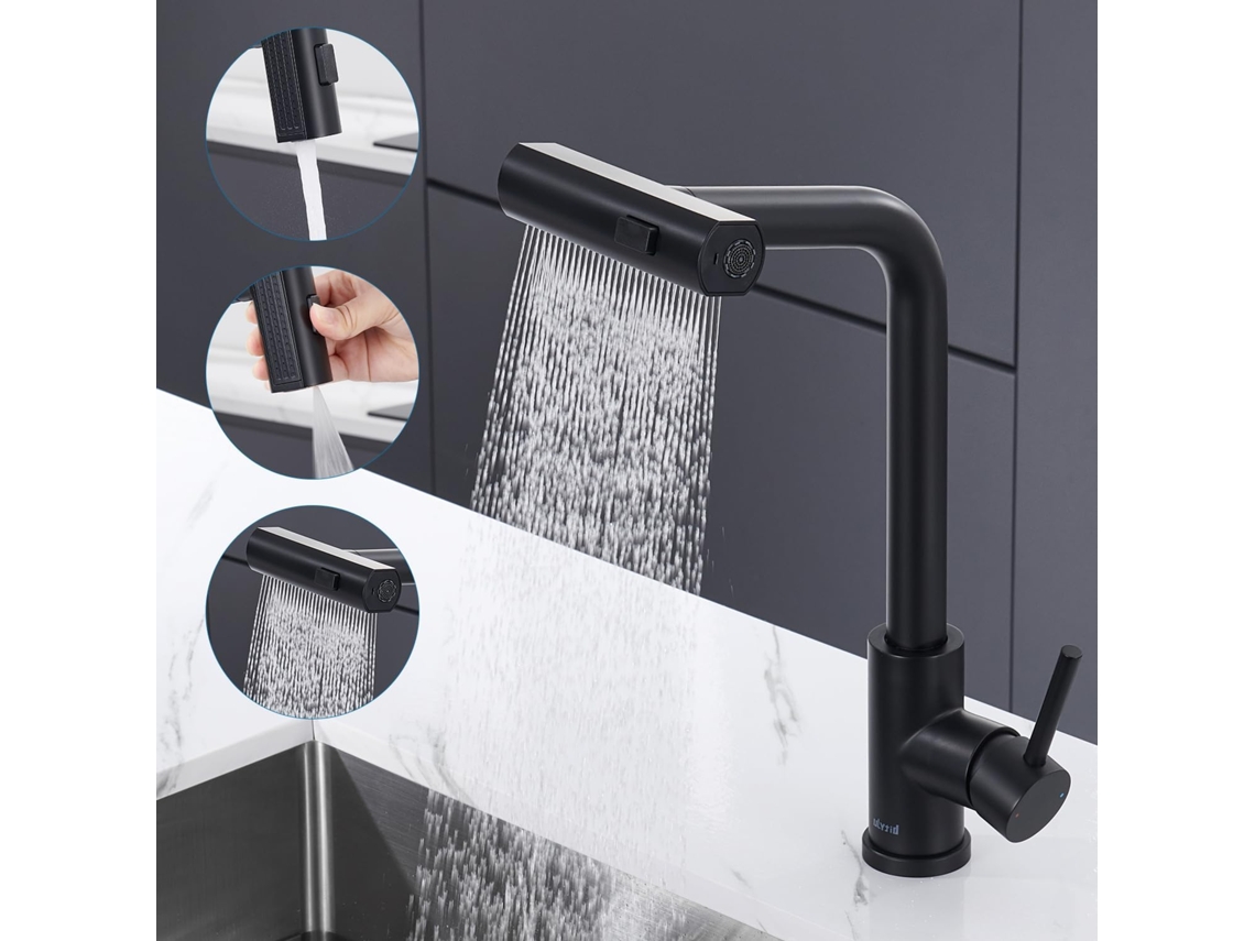 Torneira De Cozinha, Em Aço Inoxidável, Preta Com Efeito Cascata, Ducha Extensível, Retrátil E Giratória 360°, 3 Posições
