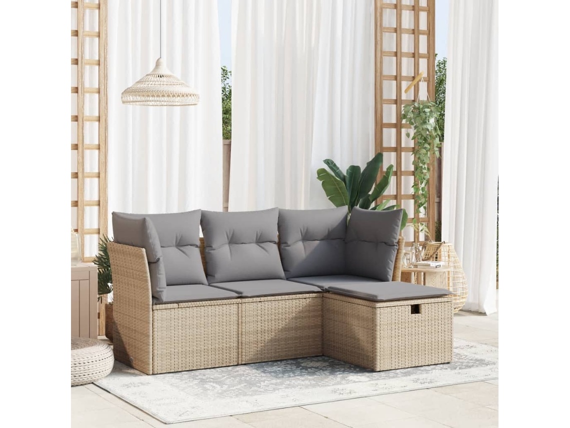 Vidaxl 4 Pcs Conjunto De Sofás Para Jardim C/ Almofadões Vime Pe Bege