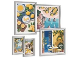 Conjunto De Pinturas Flores, Mármore Branco E Preto Moldura Prateada Quadros Para A Sala De Estar Espelharte (conjunto De 5 Imagens)