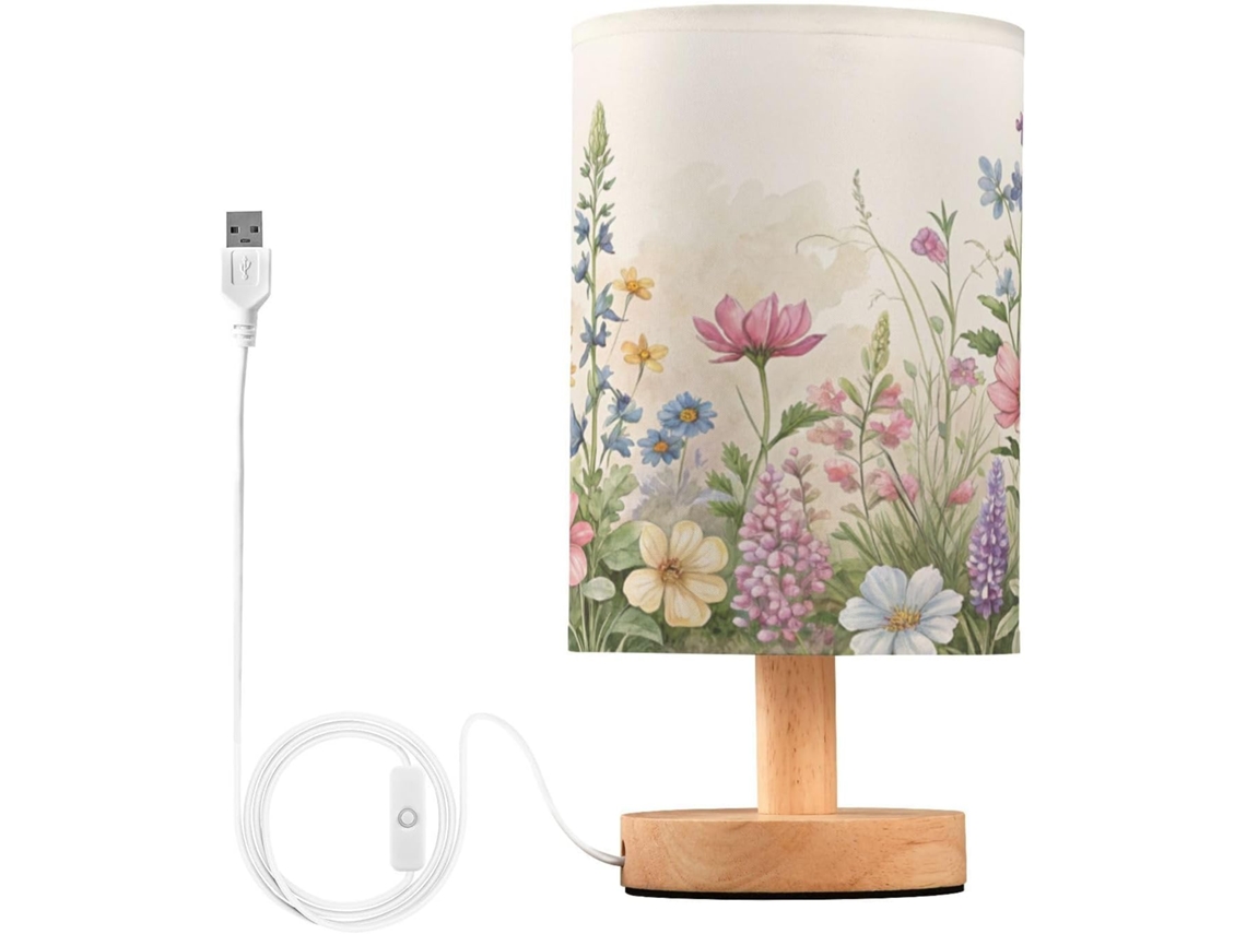 Luminária De Cabeceira Led Wildflowers Para Quarto, Luminária De Leitura Com Portas Usb E Cúpula Tecido Para Sala Estar