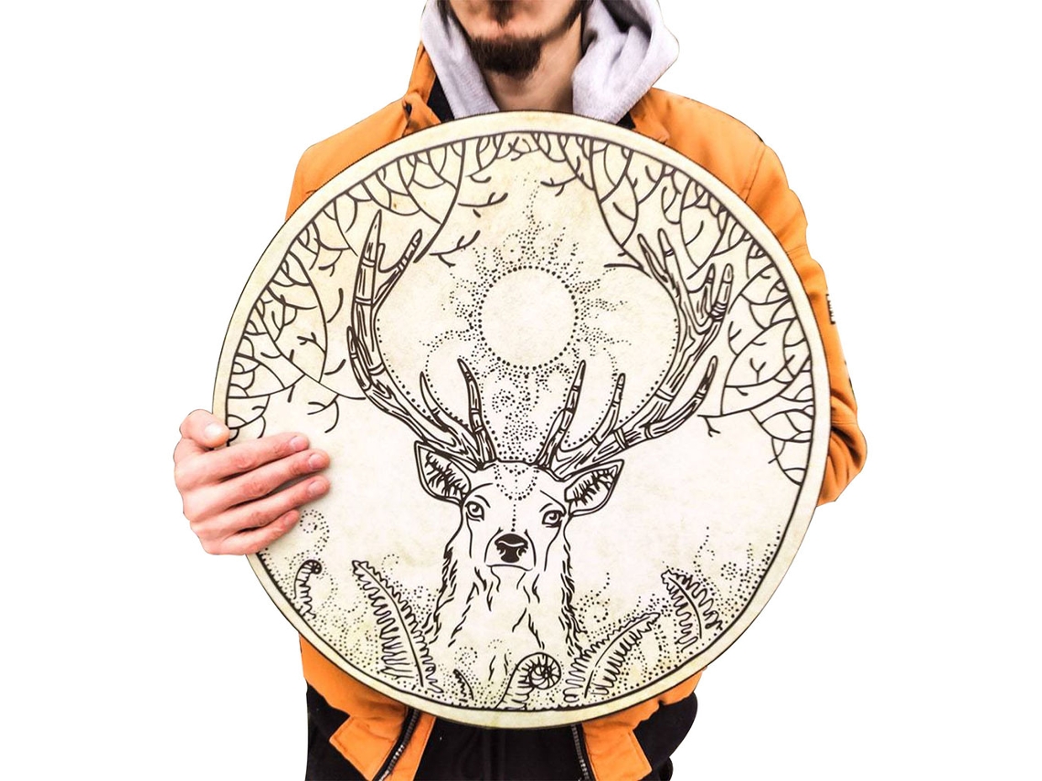Tambor Xamânico Grande Artesanal com Baqueta Música Espiritual Decoração de Casa S/MARCA
