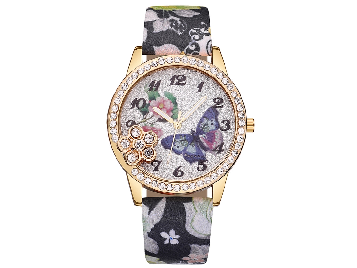 Relógio de Pulso Feminino Vansvar Floral Print Pulseira Pu Liga Quartzo Preto