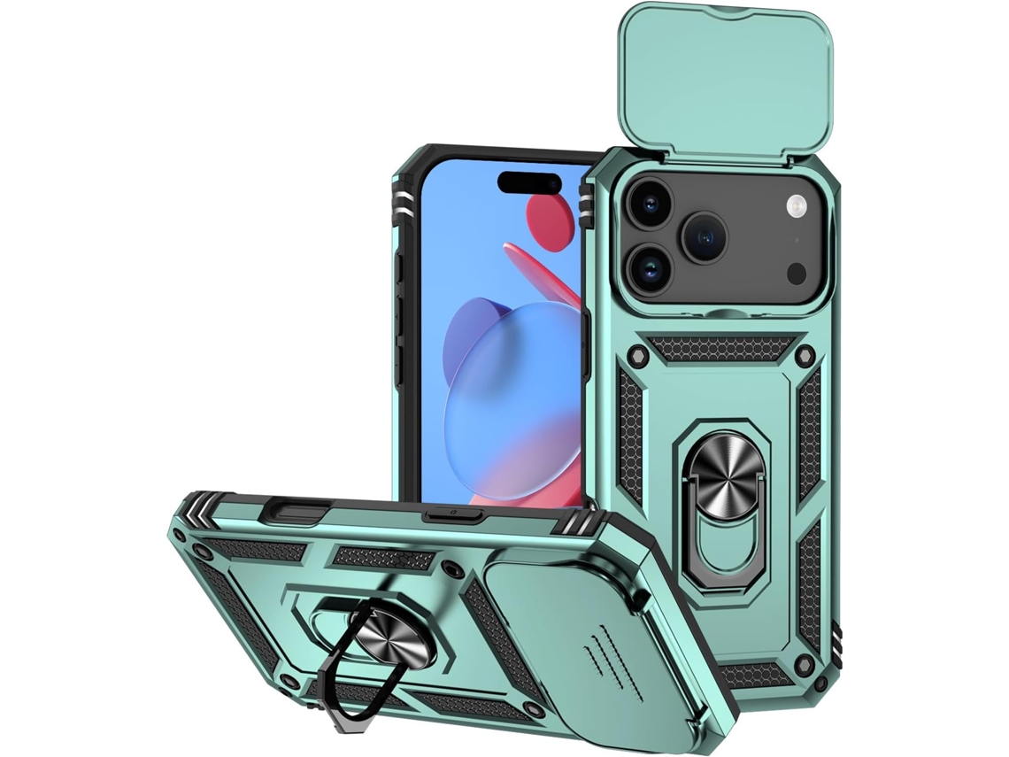 Capa magnética verde AEUZWR compatível com iPhone 17 Pro, protetor de câmera e suporte integrado, resistente a impactos.
