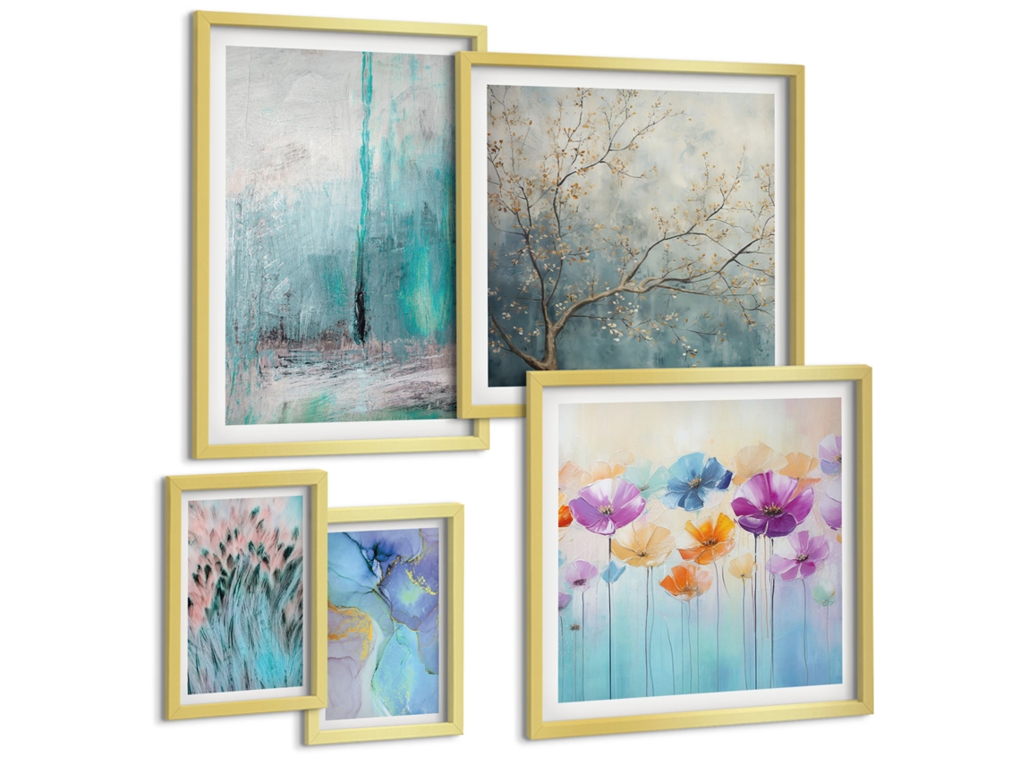 Conjunto De Pinturas Paisagens Abstratas Flores Espelharte (5 Peças)