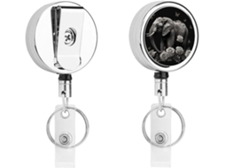 Porta-crachá de metal com estampa de elefante e borboleta, retrátil, com clipes para identificação e porta-cartões.
