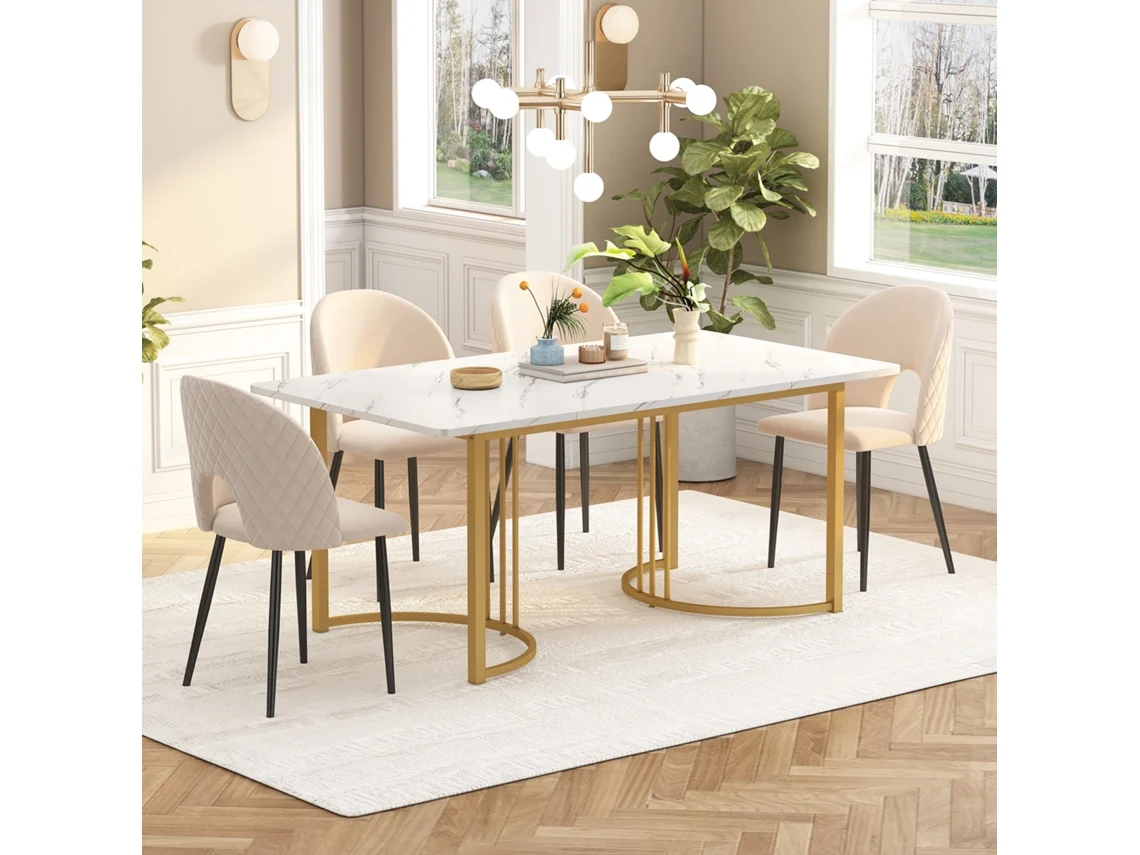 Mesa 140cm Mármore Branco Dourado Moderna