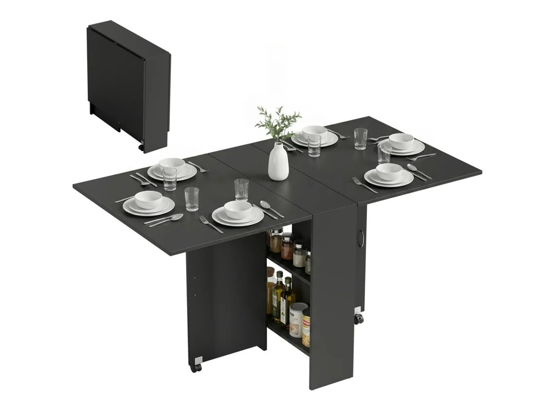 Mesa Dobrável De Cozinha/jantar, Removível, Com Rodízios, 75 X 140 X 74 Cm, Preta.