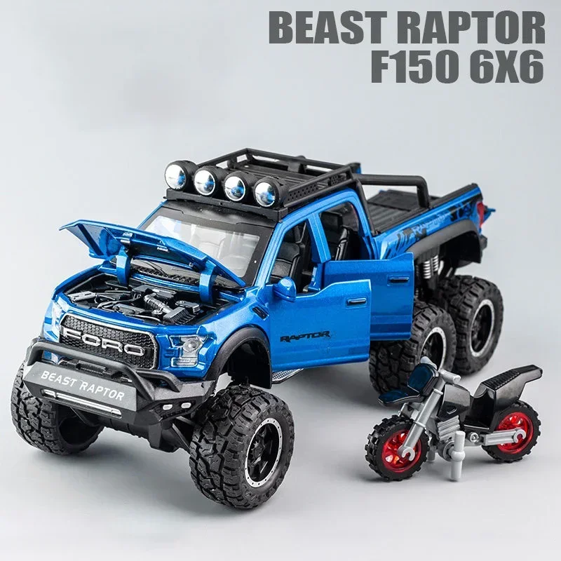 (f150 Azul) Miniatura De Carro Raptor 1:28 - Liga Metálica Fundida - Efeitos Sonoros E Luminosos