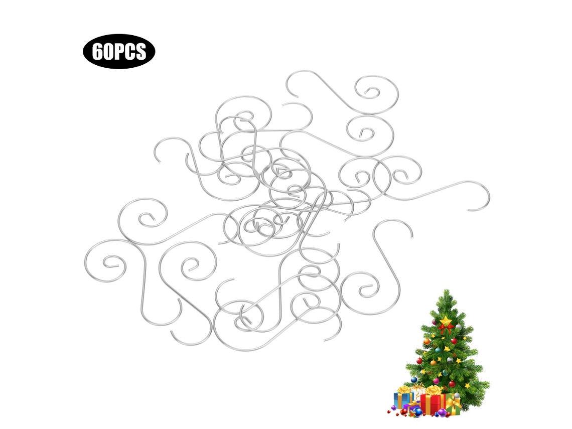 Conjunto de 60 Ganchos de Metal em Forma S Multiuso para Árvore de Natal Prateado
