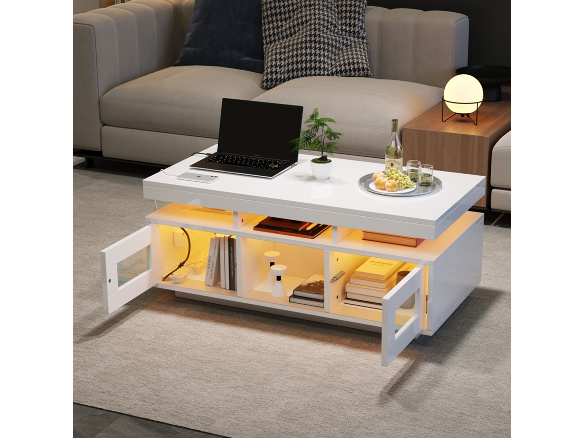 Mesa Branca 100x50x43 Led Tomada App Sala Conectada VOLTEDGE