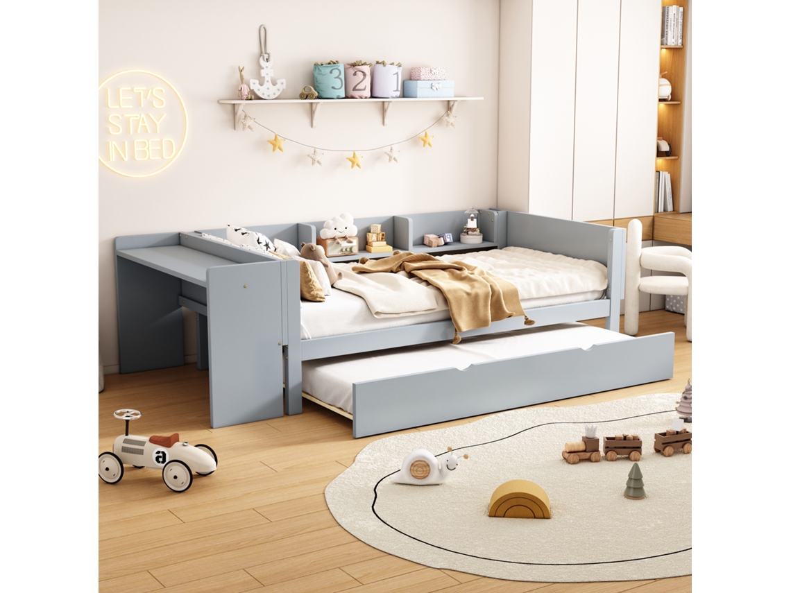 Cama Plana 90x200cm Extensível Mesa Trabalho 3 Prateleiras Cinza