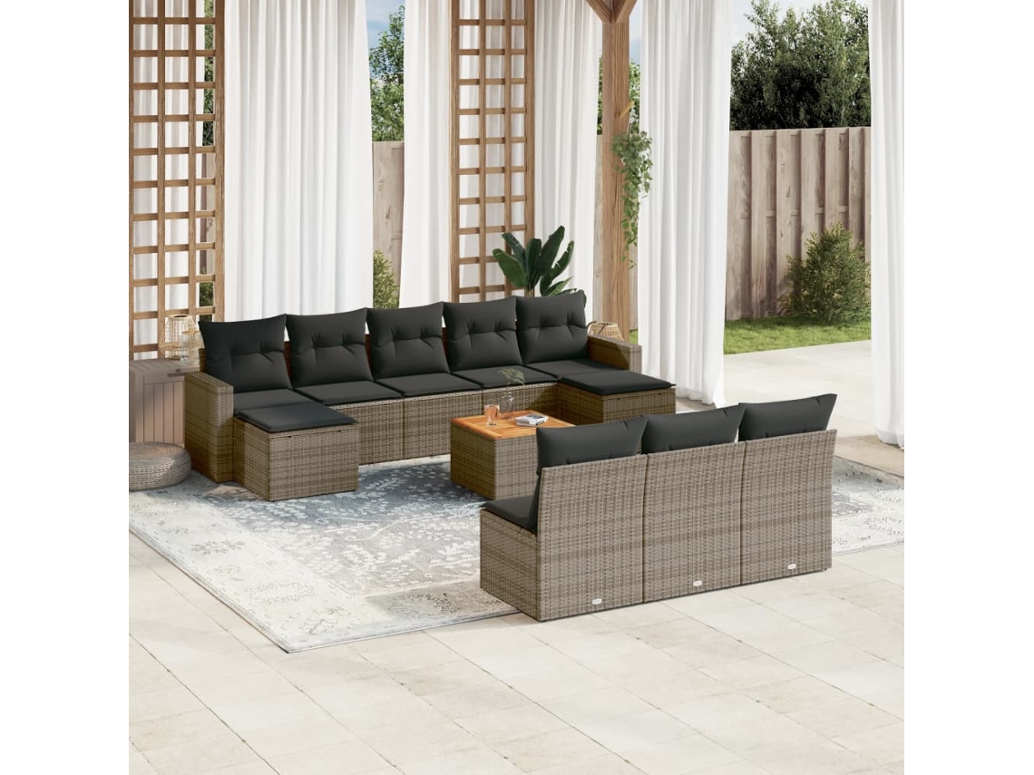 Vidaxl 11 Pcs Conjunto Sofás De Jardim C/ Almofadões Vime Pe Cinzento