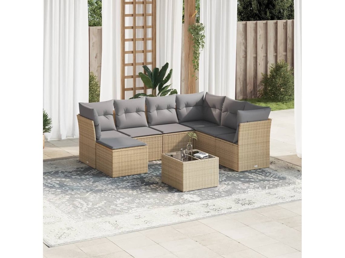 Vidaxl 8 Pcs Conjunto De Sofás P/ Jardim Com Almofadões Vime Pe Bege