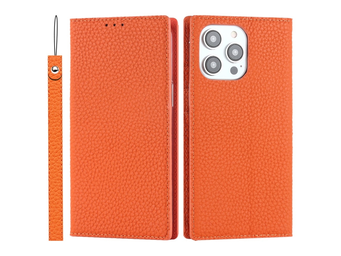Capa Genuíno Queda Textura Lichia Para Iphone 15 Pro Pele Laranja