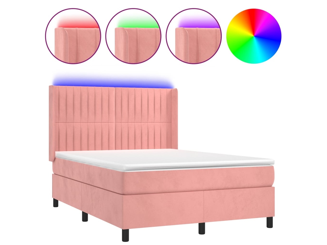 Cama Box Spring C/ Colchão/led 140x200 Cm Veludo Rosa MAISON EXCLUSIVE
