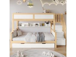 Cama Beliche 90x200 Cm 120x200 Cm Cama Extra 90x190 Cm, Prateleiras, Roupeiro, Madeira, Branco E Natural Estilo