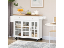 Carrinho de cozinha 124,5x39,5x90cm, branco e madeira, com rodas, 2 gavetas, 3 portas de vidro | S/MARCA